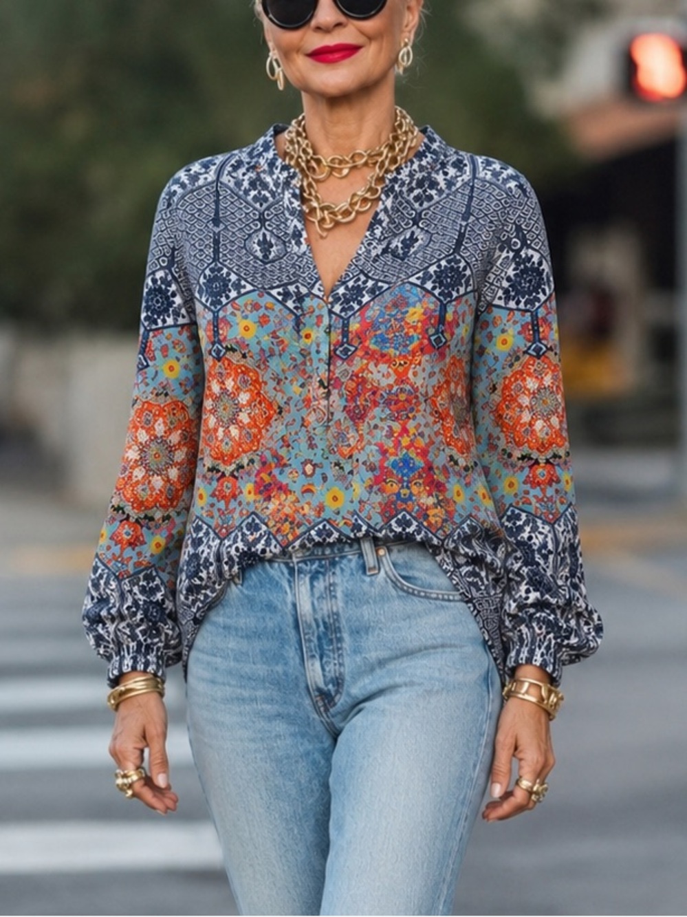Daniel Rainn Mixed Print Pintuck Tunic Blouse  S